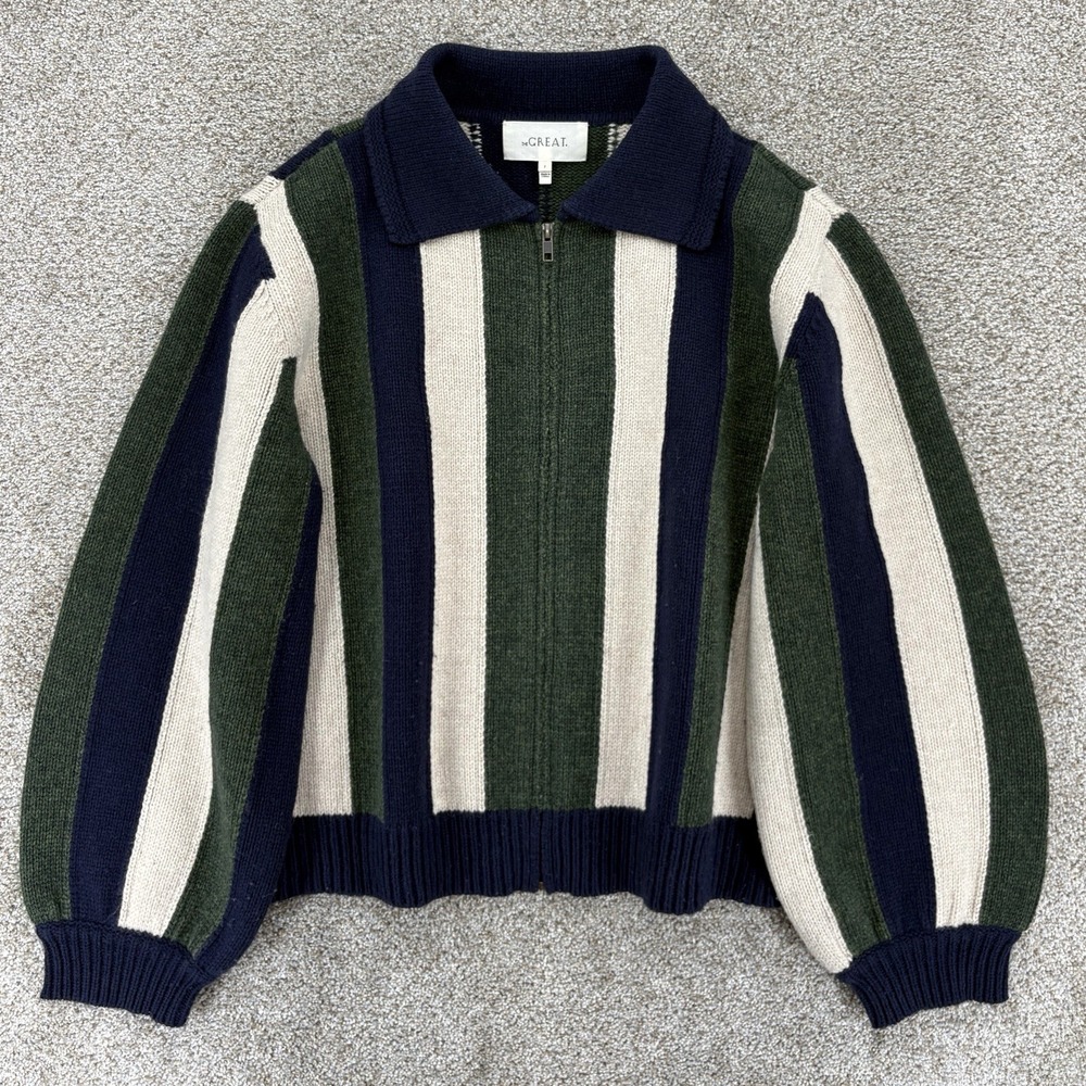 The GREAT. The Zip Front Cardigan Womens 2 US 8-10 Olive Navy Stripe Wool Blend